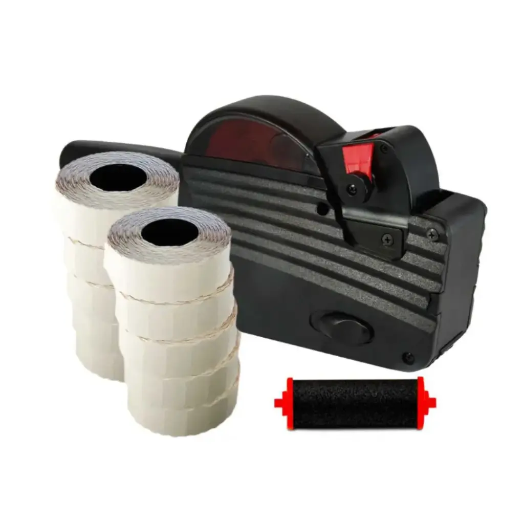 Etikettiergerät und Preisauszeichner mit MHD Funktion (Set mit 10 Rollen á 1.500 Stück und 1 Farbrolle)