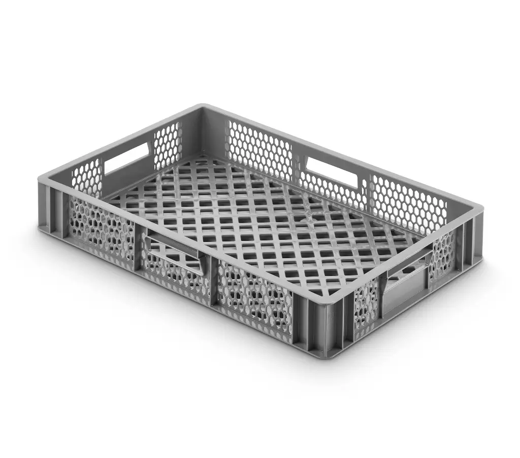 Plastic box / gray / sides and base perforated / 4 handles / 600 x 400 x 99 mm / 100 pieces