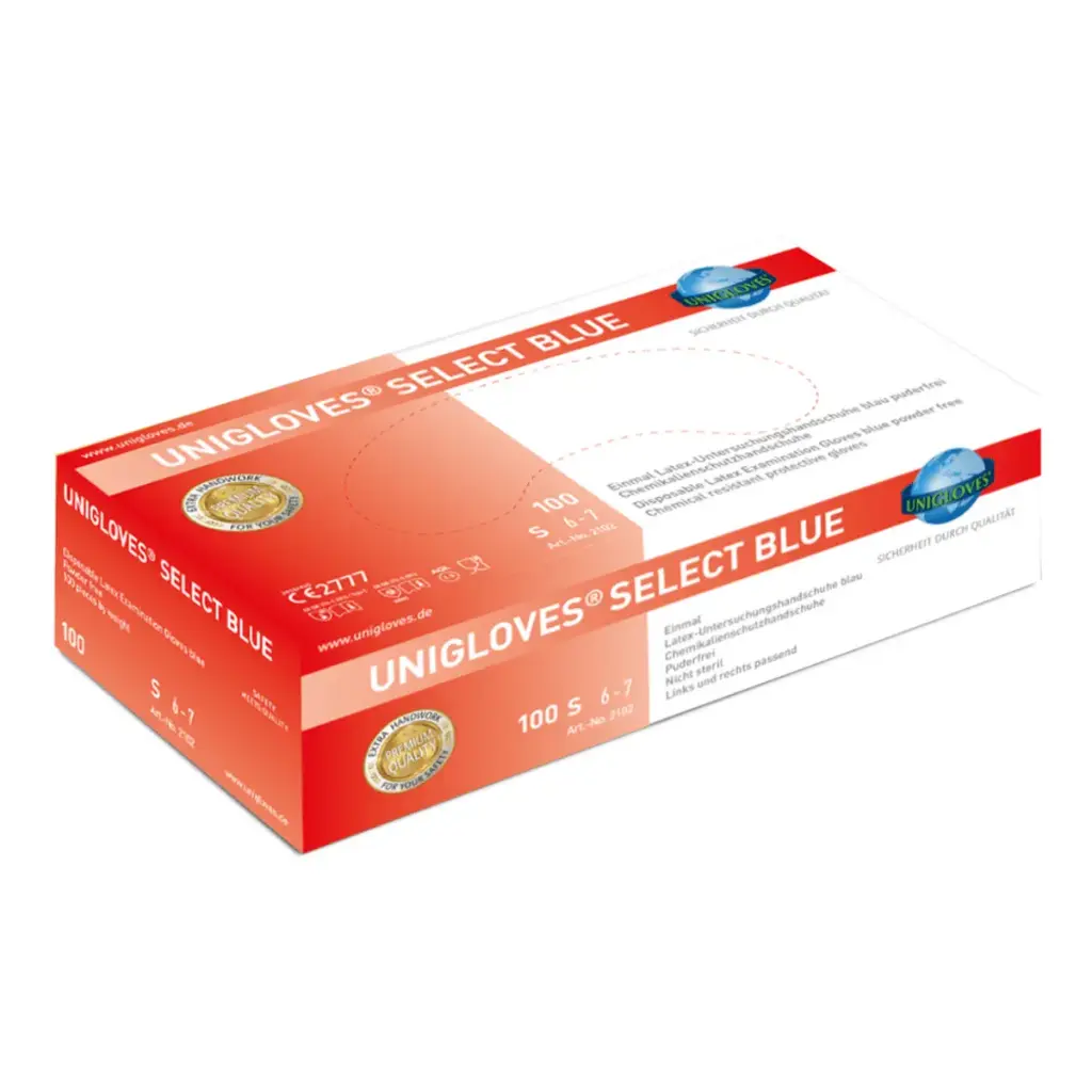 [PB40-7] Unigloves Select Blue blue latex gloves, dispenser box of 100 pieces