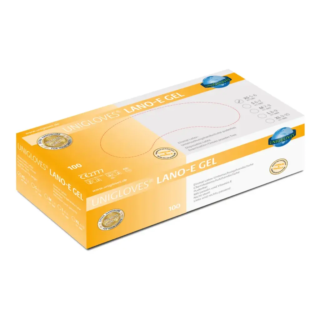 [PROB-22-13] Latexhandschuhe Unigloves  Lano-E-Gel natur, Spenderbox á 100 Stück