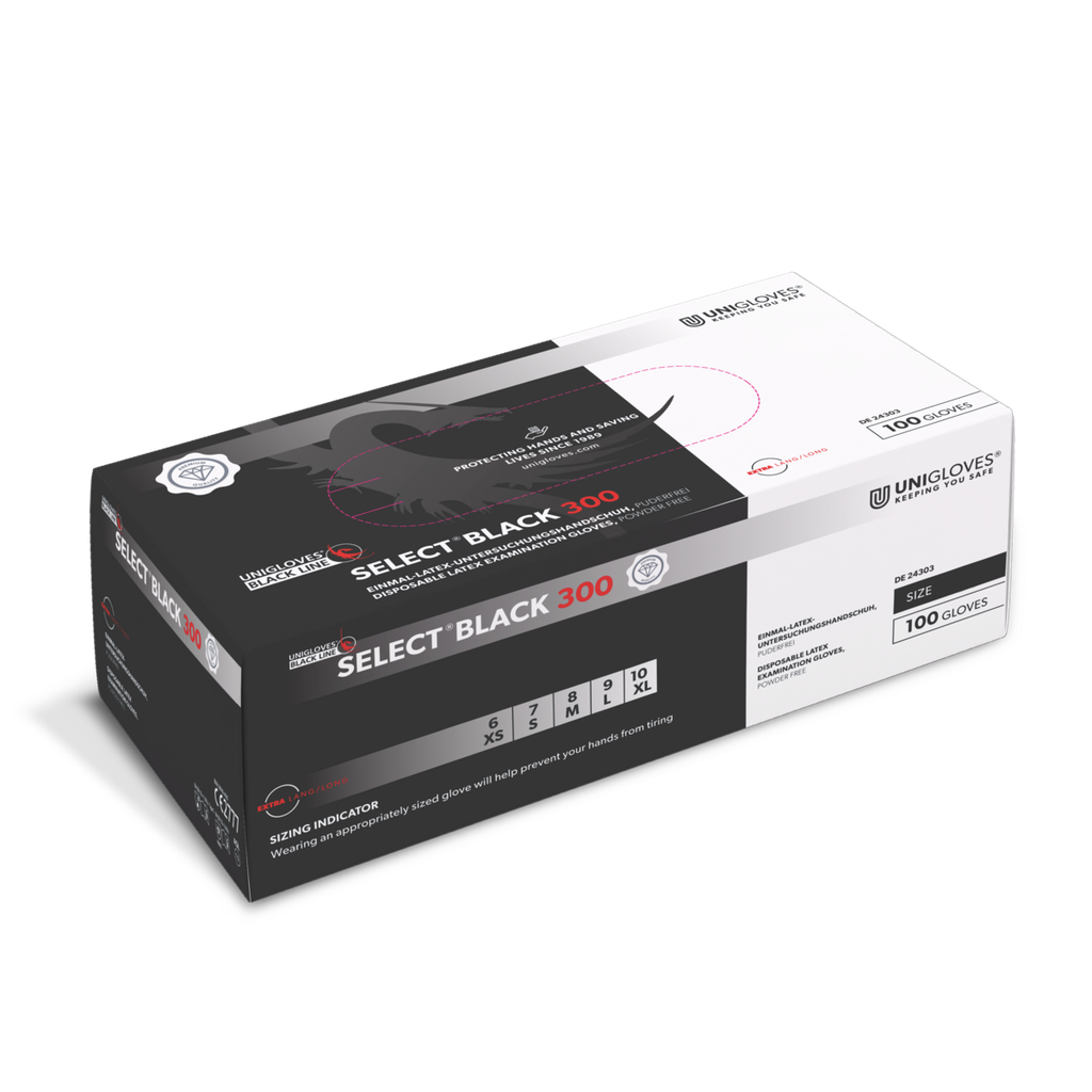 Einweghandschuhe / Unigloves Select Black 300 / Latex / schwarz / 1 Packung / 100 Stück 