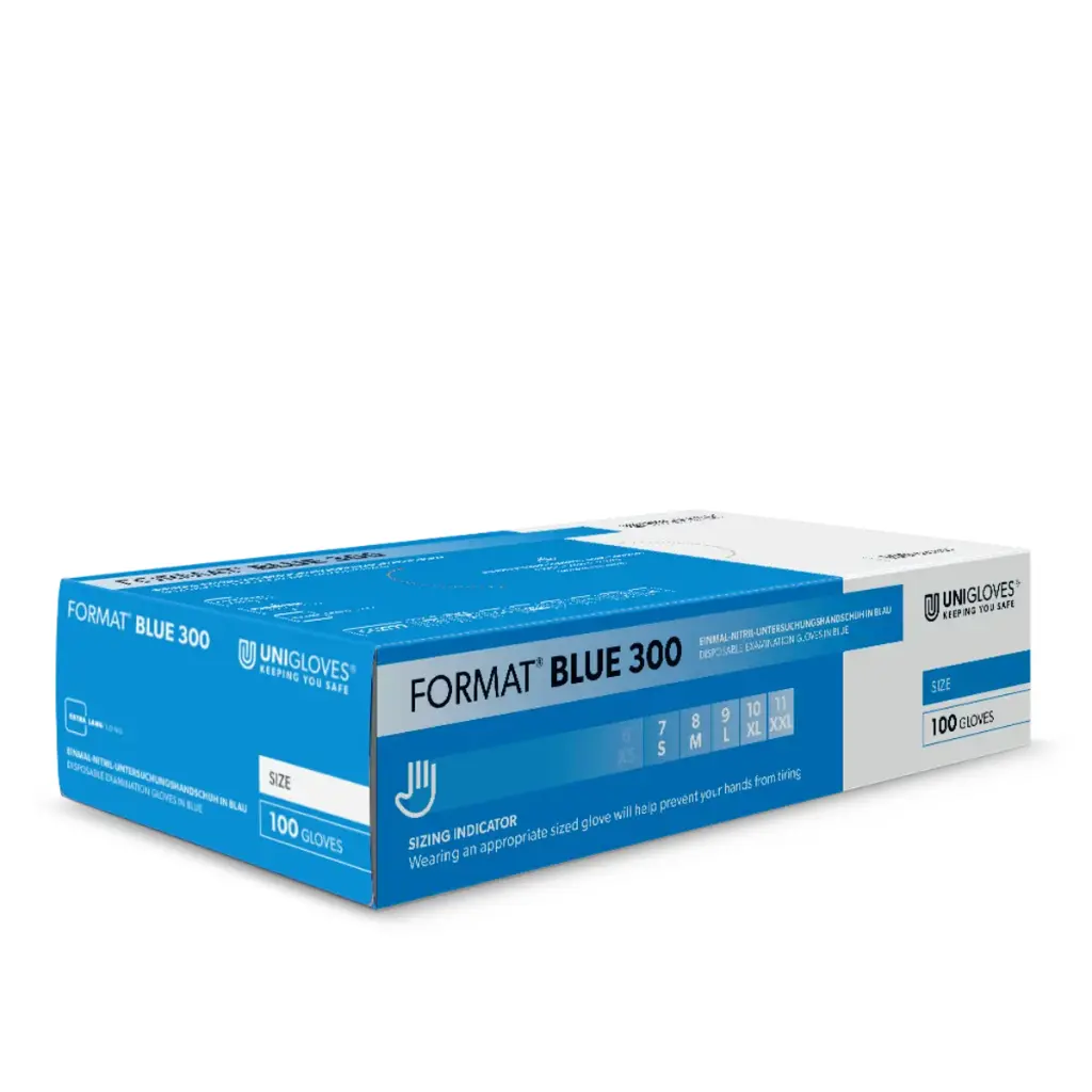 Nitrile gloves Unigloves Format Blue 300, 30 cm long blue, dispenser box of 100 pieces