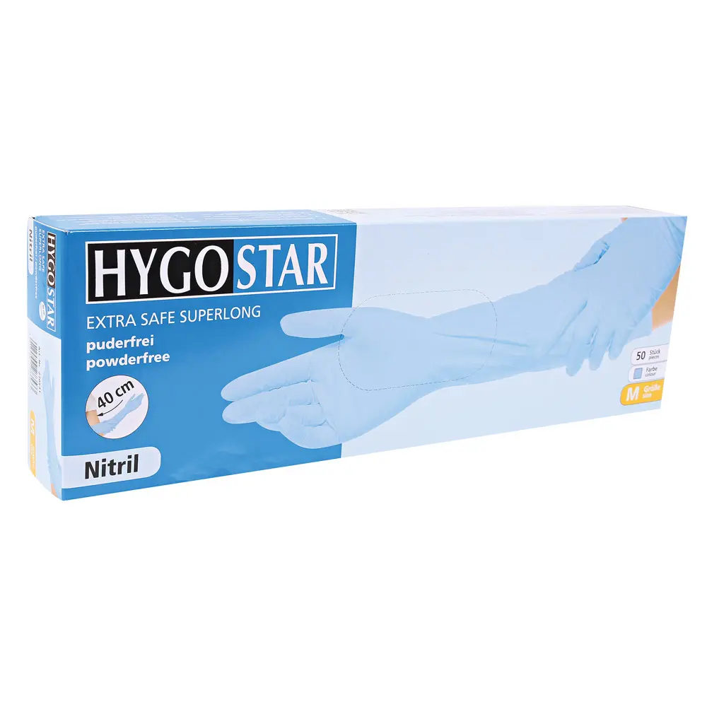 Nitrilhandschuhe Hygostar Safe Superlong 40 cm lang blau, Spenderbox á 50 Stück