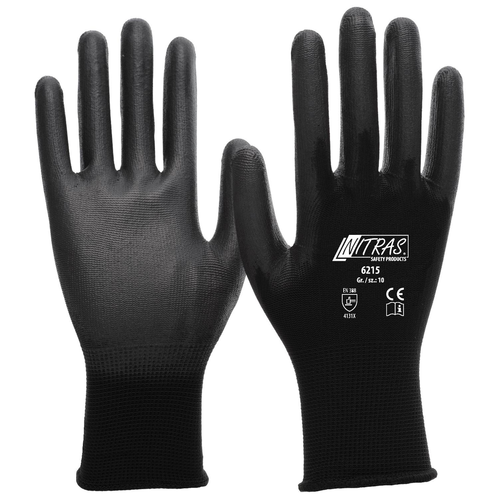 Nylonhandschuh / Nitras / PU Beschichtung / Nylon / schwarz / 1 Packung / 12 Paar 