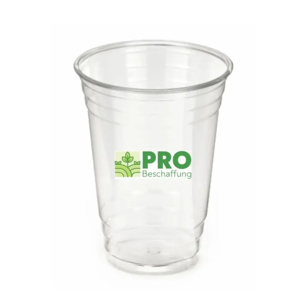 Trinkbecher / R-PET / kristallklar / 500 ml (0,5 l) / 2-färbig bedruckt / 100.000 Stück / 6 Paletten