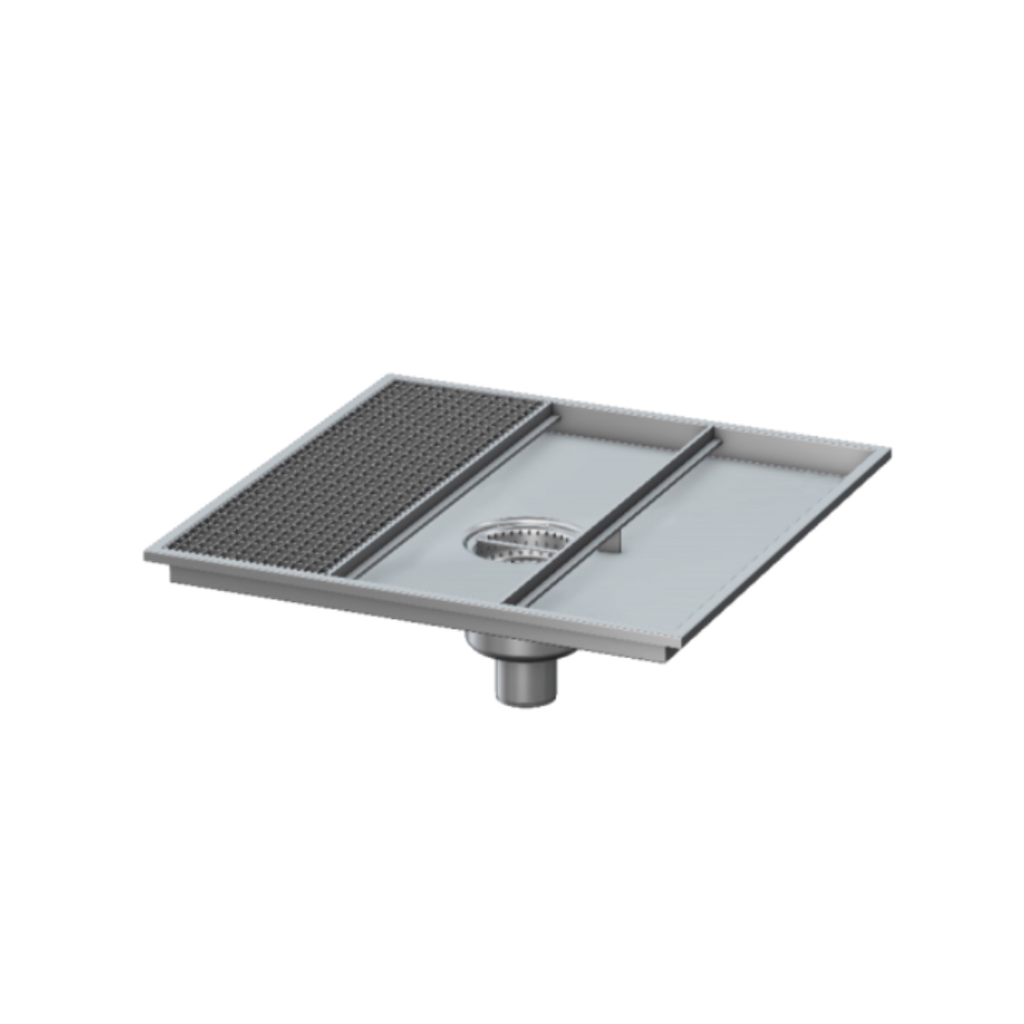 Bodenwannensystem für Bodenablauf / Abdeckung Gitterrost / Edelstahl / 1-teilig / 650 x 400 mm / ø 110 mm vertikal