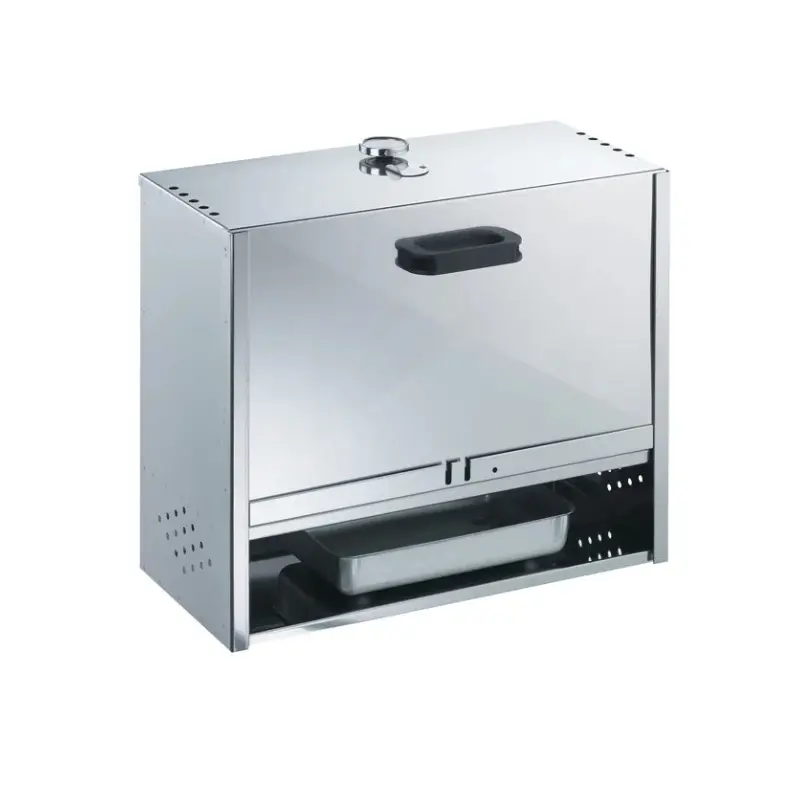 Räucherofen aus Edelstahl mit Schieber, H 55 x B 60 x T 28 cm (für ca. 4 bis 10 Fische liegend, je nach Größe und Gewicht bis 55 cm)