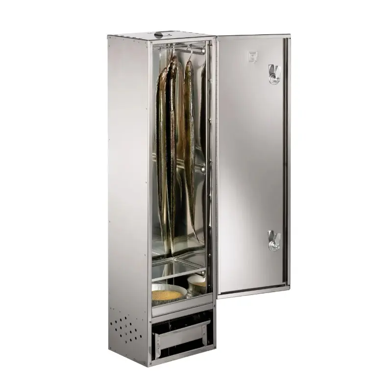 Räucherofen aus Edelstahl mit Tür, H 100 x B 26 x T 21 cm (für ca. 12 Fische oder 6 Aale hängend) 