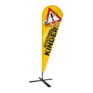 [PB21-3] "Achtung Kinder" Fahne / Dropflag / 209 x 78 cm / mit Bodenplatte / 5 Stück