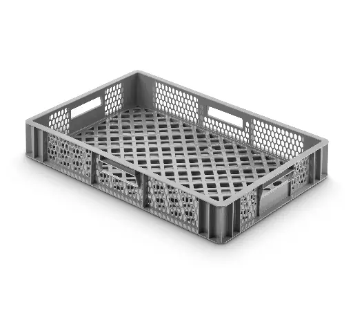[PB64-14] Kunststoffkasten / grau / Seiten und Boden durchbrochen / 4 Durchgriffe / 600 x 400 x 99 mm / 100 Stück  