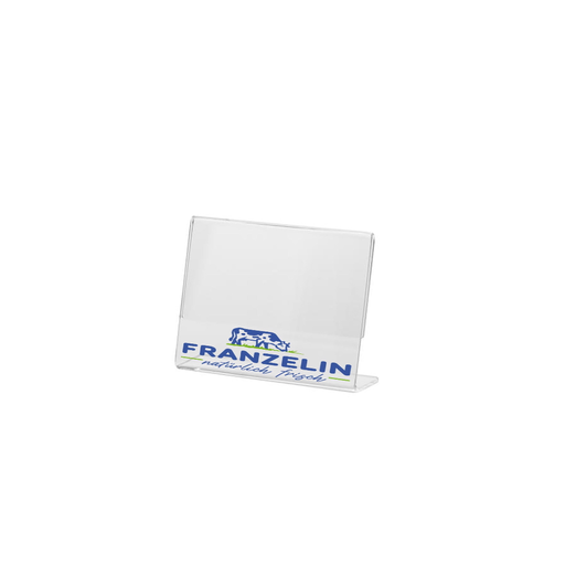 Plexiglas Aufsteller / mit Einschub für Beschriftung / 10,5 x 8,5 cm / für Buffets, Hofläden etc / 50 Stück / inkl. Logodruck