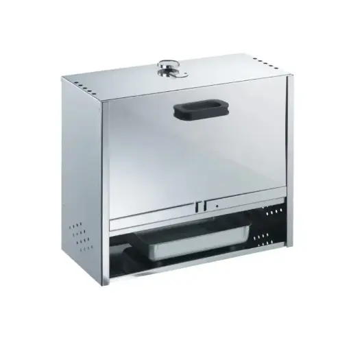 [PROB-73-9] Räucherofen aus Edelstahl mit Schieber, H 55 x B 60 x T 28 cm (für ca. 4 bis 10 Fische liegend, je nach Größe und Gewicht bis 55 cm)